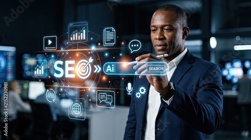 Businessman using futuristic digital interface for AI search engine optimization strategy