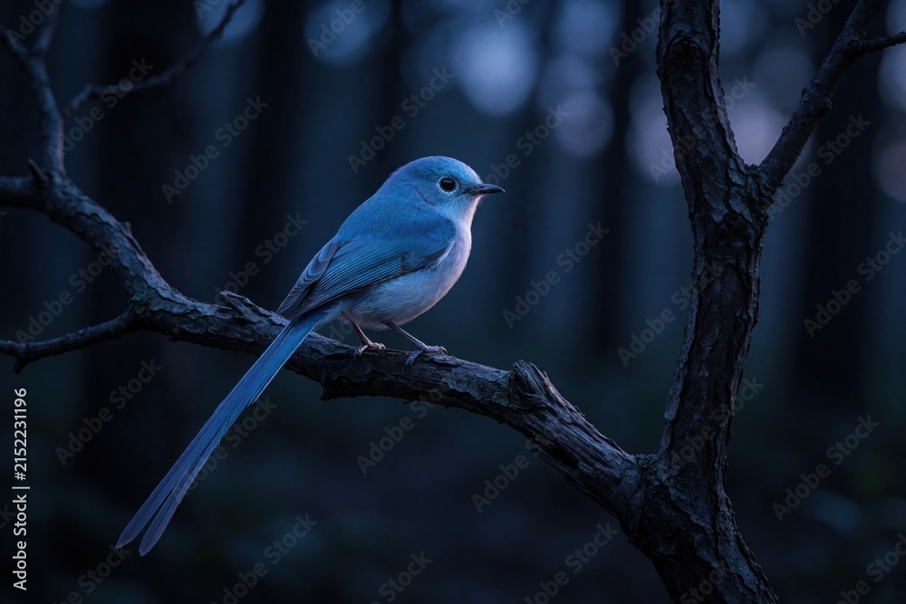 Obraz premium Small blue bird with long tail perches on dark forest branch at dusk. Soft twilight light illuminates feathers. Background shows blurred trees.