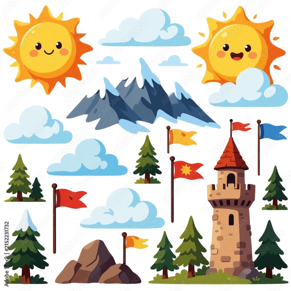 Fototapeta premium Cute cartoon sun, clouds, snow mountains, trees, flags and castle tower. Nature landscape elements for kids games or fantasy stories. Adventure scene building blocks.