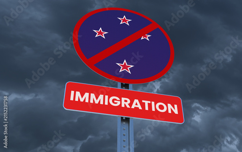 Fotografie Immigration Road Sign with Flag of New Zealand