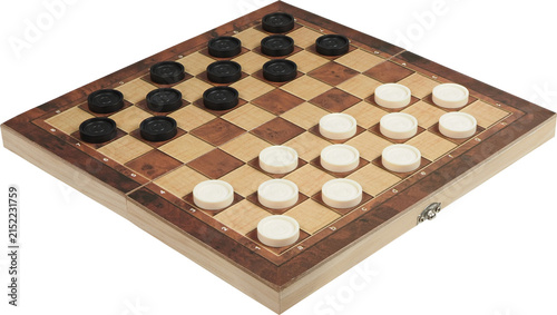 Checkers game board and pieces isolated on white background