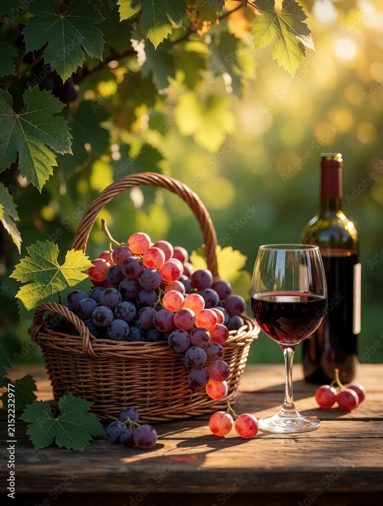 Naklejka premium Basket of ripe grapes sits on wooden table near glass of red wine and bottle. Vineyard background with leaves and sun. Harvest season celebration.