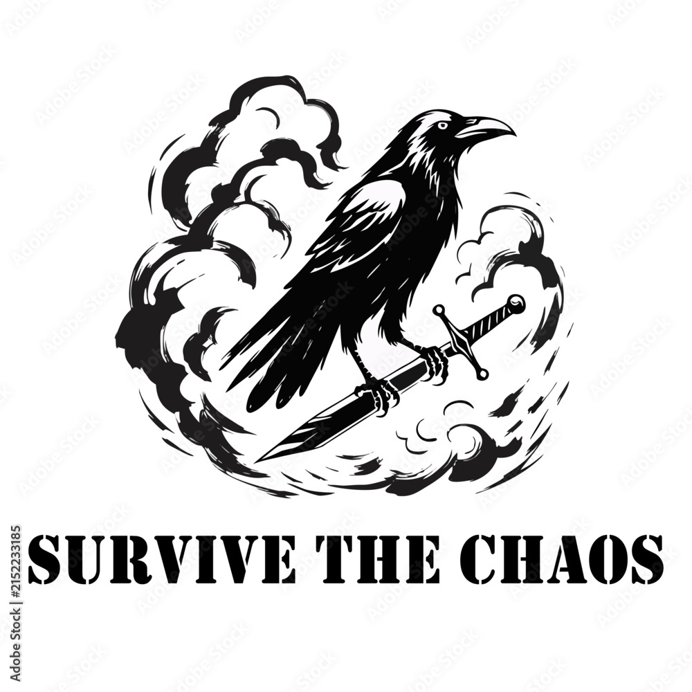 Obraz premium Black Raven Holding Sword Blade Typography T-Shirt Design Vector Illustration for Streetwear Apparel