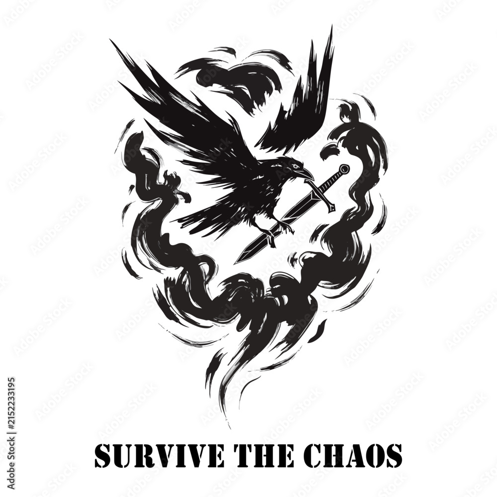 Obraz premium Black Raven Holding Sword Blade Typography T-Shirt Design Vector Illustration for Streetwear Apparel