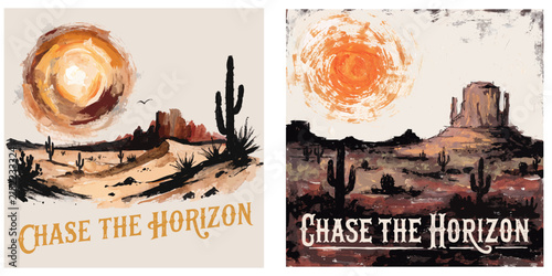 Vintage Desert Cactus Sunset Brush Style T-shirt Design Vector Illustration for Outdoor Adventure Apparel