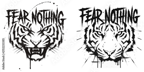 Aggressive brush style tiger head typography t-shirt print design vector art illustration for clothing