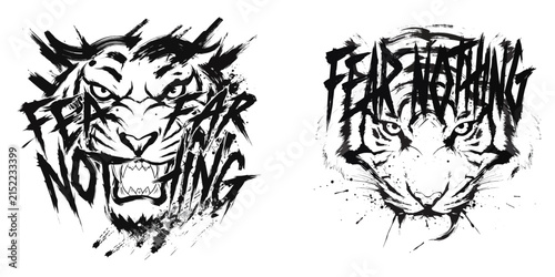 Aggressive brush style tiger head typography t-shirt print design vector art illustration for clothing