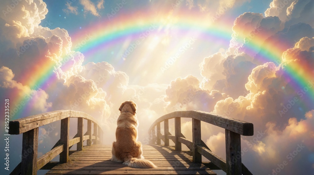 Obraz premium Golden retriever sits on wooden bridge looking at vibrant rainbow against cloudy sky. Sunlight beams through clouds creating ethereal scene. Peaceful canine awaits journey beyond.