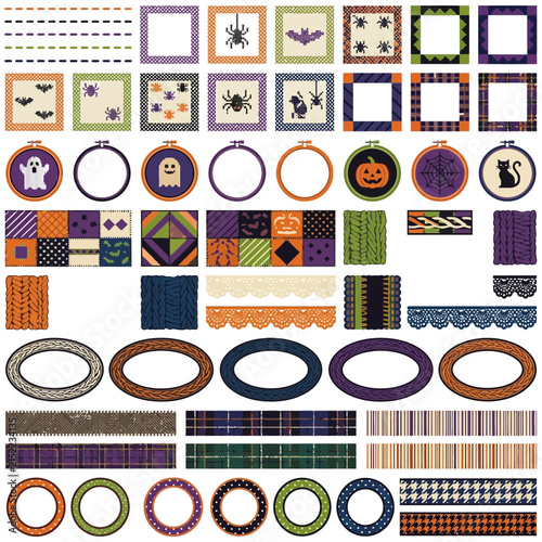 Cross stitch Halloween icons collection. Embroidery pattern elements vector set. Ghost, pumpkin, cat framed hoop cross stitch illustration craft design. isolated on White Background
