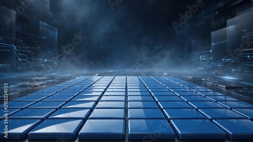Futuristic Digital Grid Pathway with Abstract Cityscape Background.
