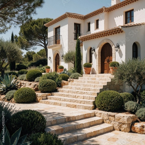 White Mediterranean villa with stone stpic and lush garden. Sunny day with shadows. Ideal for real estate, travel, and luxury lifestyle themes.