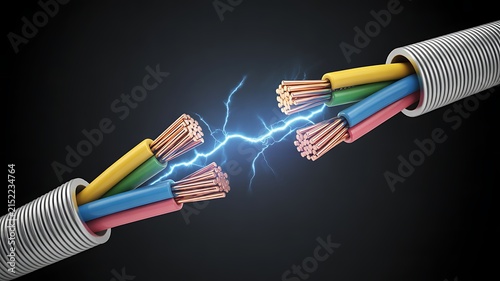 A dramatic close up photograph of exposed electrical wires with copper strands sparking with electricity against a dark and moody background environment.
