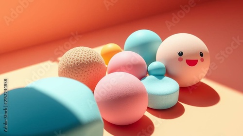 An enchanting, mystic environment rendered in 3D graphic design, featuring abstract shapes, varied textures, playful elements, bright colors, and a minimalist background.