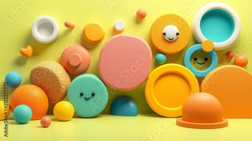 An enchanting, mystic environment rendered in 3D graphic design, featuring abstract shapes, varied textures, playful elements, bright colors, and a minimalist background.