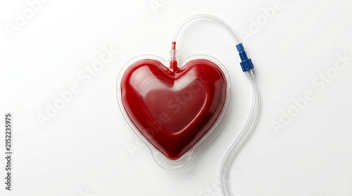 A heart-shaped bag of red blood with a medical tube isolated on white.
