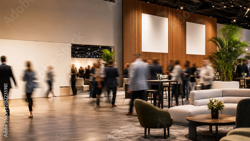 Motion Blurred Networking Crowd in Modern Exhibition Lounge