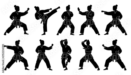 Photography Set of black vector silhouettes featuring female martial arts athletes practici