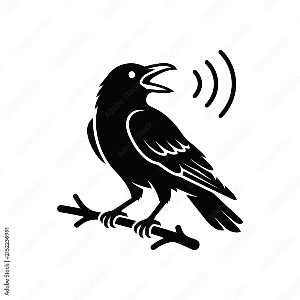 Obraz premium Black silhouette of a raven perched on a branch, cawing with sound waves