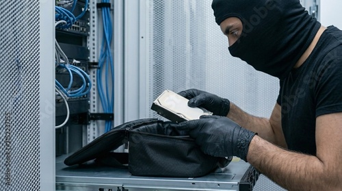 Side view of a masked criminal wearing a balaclava placing a stolen 3.5-inch hard drive into a black storage bag inside a data center server room.