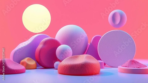 Enchanting mystic 3D graphic environment featuring abstract shapes, varied textures, playful elements, and bright colors against a minimalist background.