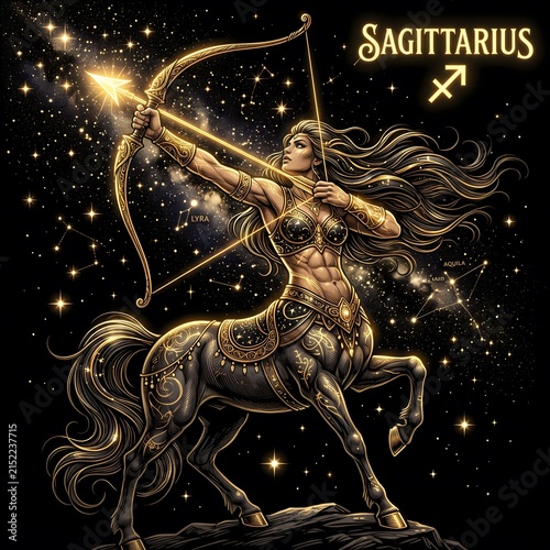 Sagittarius Zodiac Centaur Archer Drawing Golden Bow Illustration