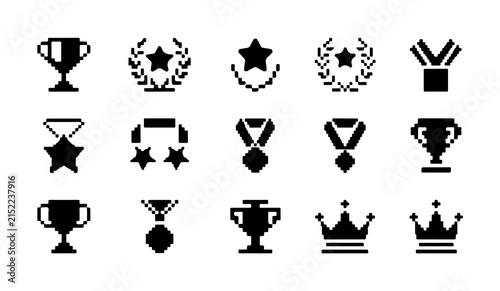 Pixel art icons of trophies, medals, crowns and awards for game achievements.