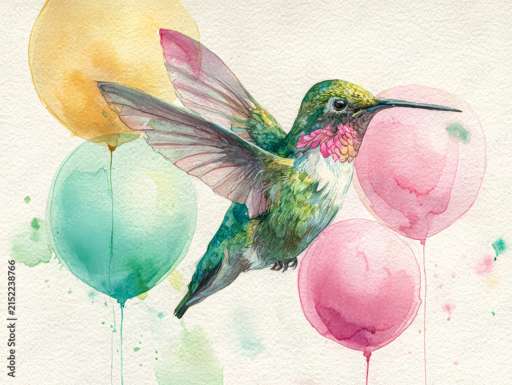 Fototapeta premium Hummingbird with Colorful Balloons Watercolor Illustration