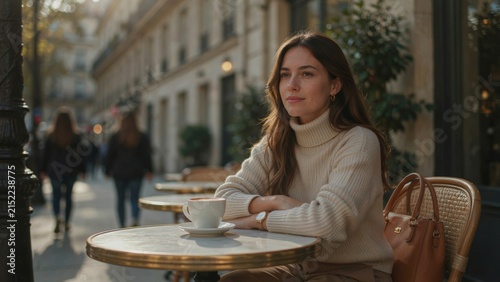 Elegant Woman Sitting at Outdoor Cafe Table with Cup of Coffee in European City