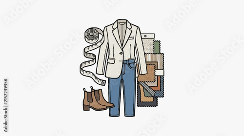 Vector illustration of fashion design elements including a tailored beige blazer, blue denim jeans, brown leather boots, a measuring tape, and multiple textile fabric swatches.