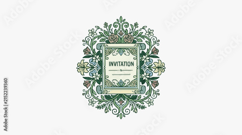 Vintage floral invitation scroll emblem with green botanical wreath, roses, and lilies. Elegant hand-drawn vector illustration for weddings, events, or official celebrations.