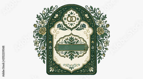Ornate wedding invitation frame with botanical border, interlocking gold rings, and floral illustrations in green and cream. Vintage style arch with space for custom text and decorative scrolls.