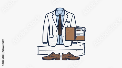 Vector illustration of a professional men's business outfit including a white suit jacket, blue shirt, striped necktie, beige trousers, brown leather shoes, and a document folder.