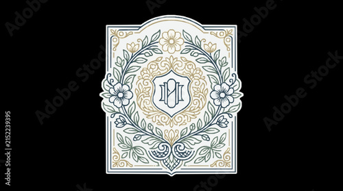 Vintage ornate crest label featuring a central monogram shield surrounded by floral wreaths, botanical ornaments, and decorative borders in blue and gold on a black background.