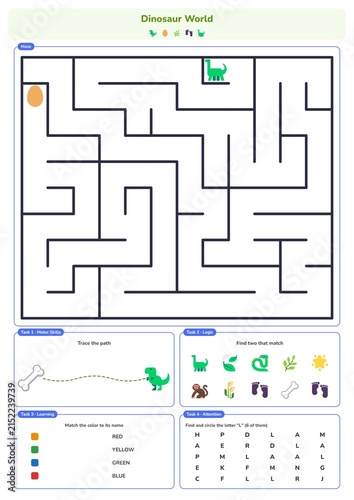 Dinosaur world themed kids worksheet with square maze, tracing path, matching pairs, color names, and letter search tasks. Perfect for educational printables, activity books, and learning.