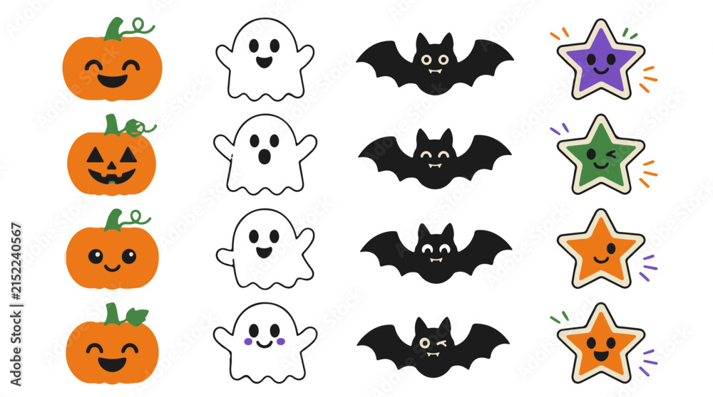 Fototapeta premium Set of Cute Halloween Stickers with Pumpkins Ghosts Bats and Colorful Stars