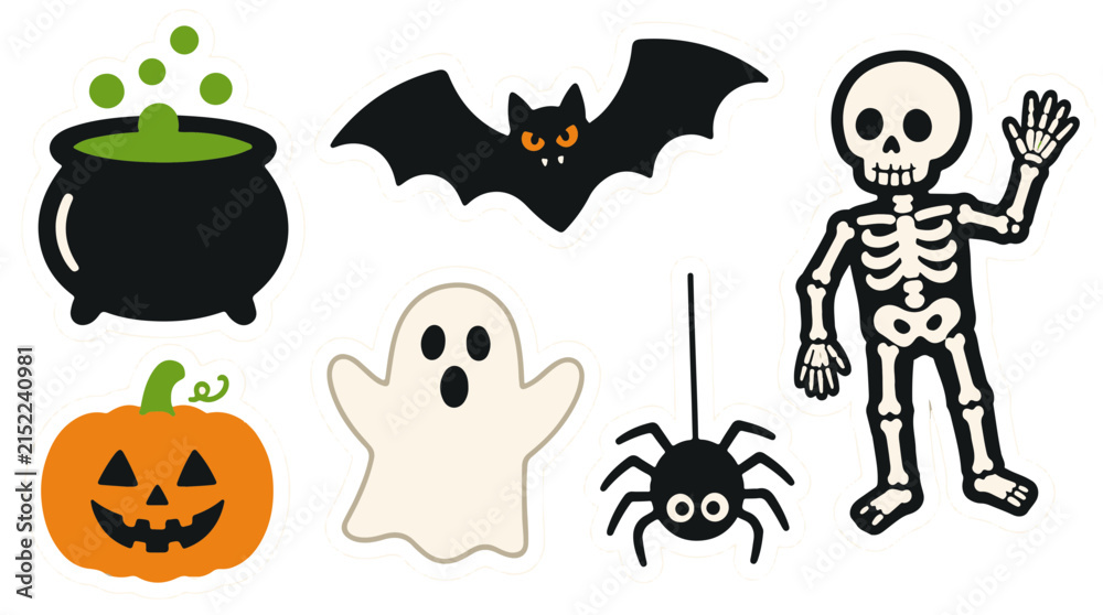 Obraz premium Set of Spooky Halloween Stickers Featuring a Cauldron Bat Skeleton Pumpkin Ghost and Spider