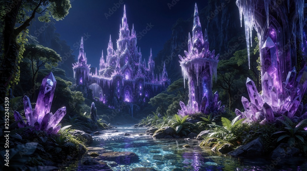 Fototapeta premium Fantasy crystal castle sits by clear river in rich forest. Giant purple amethyst crystals grow around ornate ice-covered fortress under moonlit night sky. Magical nature scene.