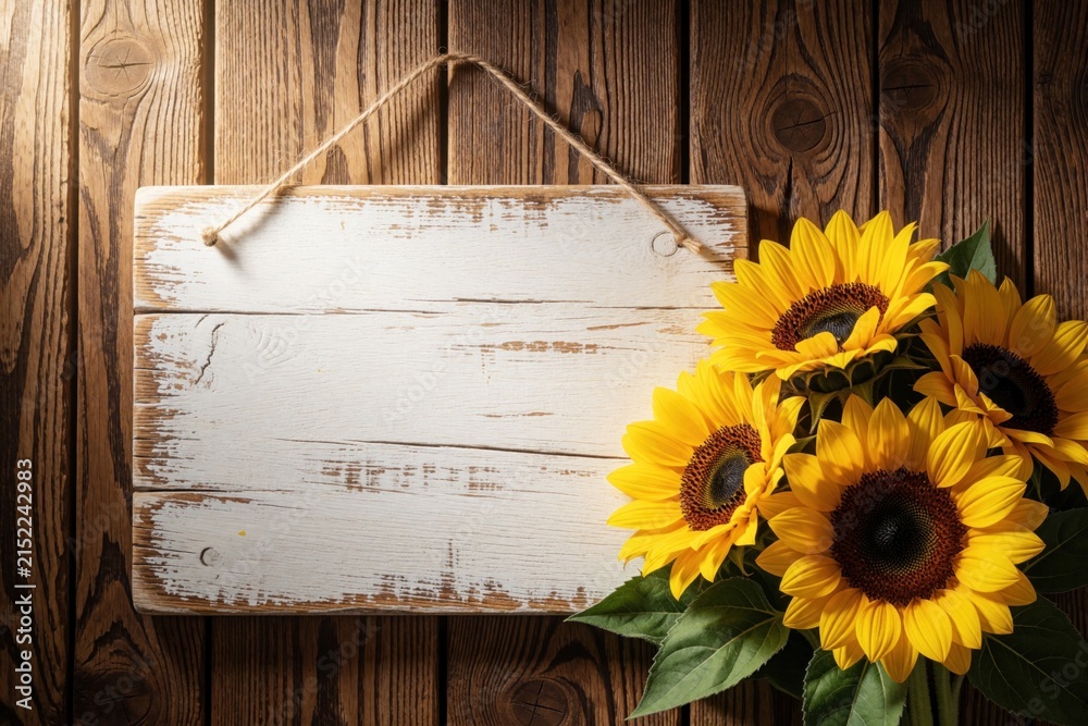 Obraz premium Rustic wooden background features whitewashed sign hanging on twine. Bright sunflowers border empty space for text. Farmhouse decor with floral arrangement for cozy autumn vibe.