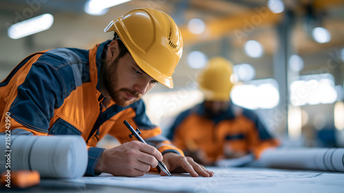 Faceless workers focused on tasks in factory setting while checking plans during work shift, defocused background, with copy space
