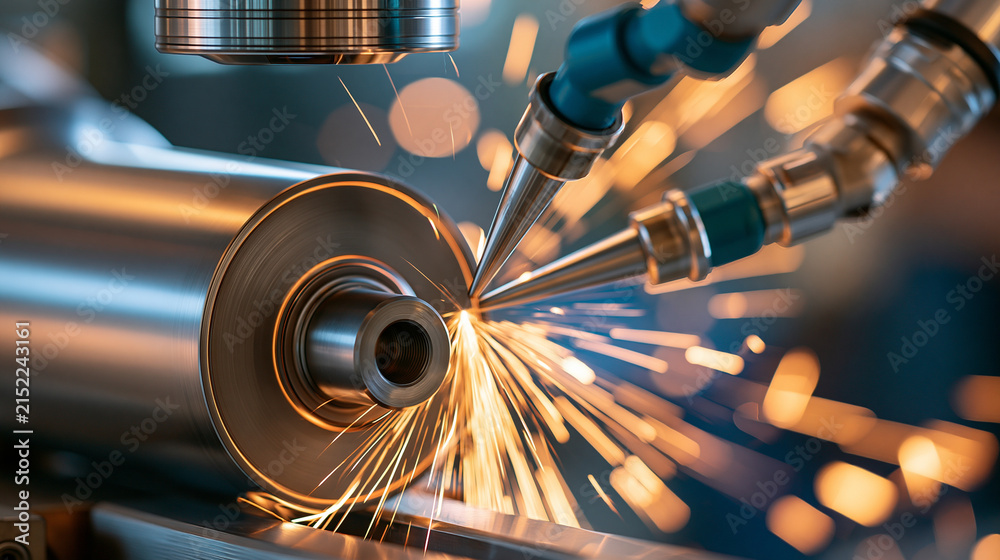 Fototapeta premium Close-up of guide rolls on grinding machine with bright sparks and automated arms checking roll surface accuracy, defocused background, with copy space