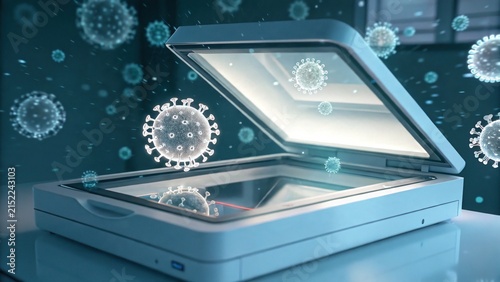 High-Tech Transparent Medical Scanner with Floating Text and Shapes
