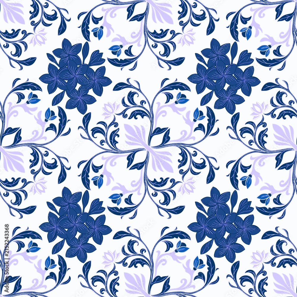 Fototapeta premium Seamless floral pattern with vintage symmetrical arabesque scrolls and blooming acanthus leaf motifs background texture. 
