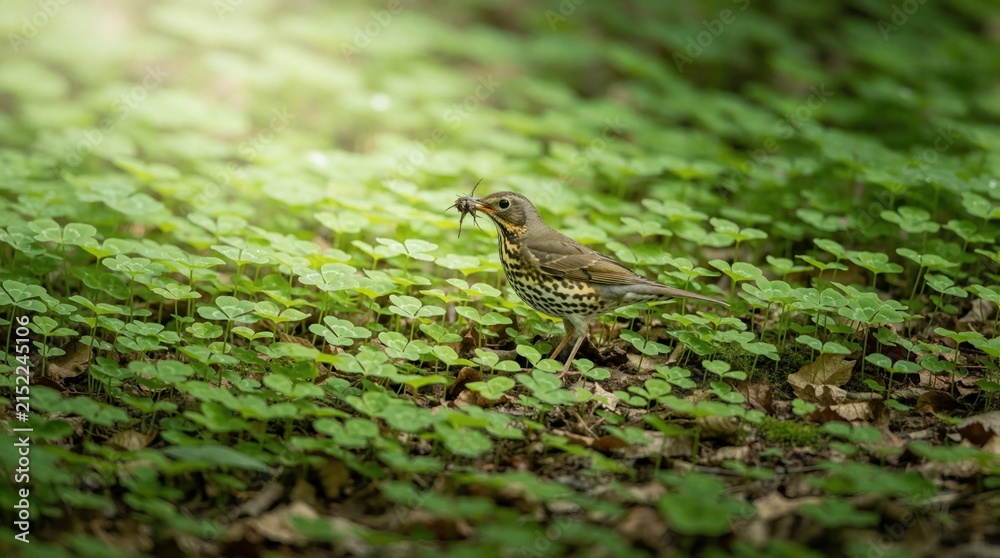 Obraz premium Song thrush bird stands in green clover forest floor holding insect in its beak. Small animal finds food in woodland habitat during daytime. Birdwatching scene.