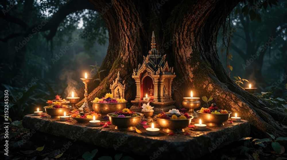 Fototapeta premium Sacred forest altar with glowing candles offerings of flowers and fruit sits near ancient tree. Spiritual ritual site bathed in mystical light creates atmosphere of peace and tradition.