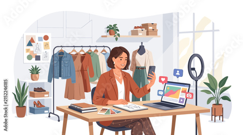 Woman working on laptop in modern home office setup.