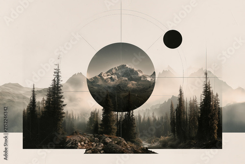 artistic collage of nature elements and geometric shapes on neutral background, trees, forest, 