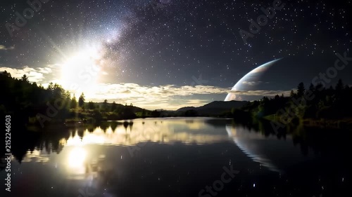 A Serene Nightscape of a Ringed Planet Rising Over a Glassy Lake and Forested Shore