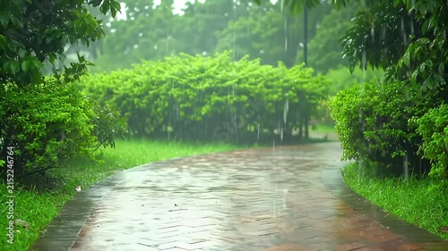 A serene rain-washed park pathway lined with lush greenery and trees