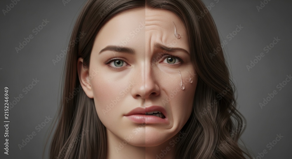Obraz premium Woman's Face Showing Dual Emotions of Distress and Calm