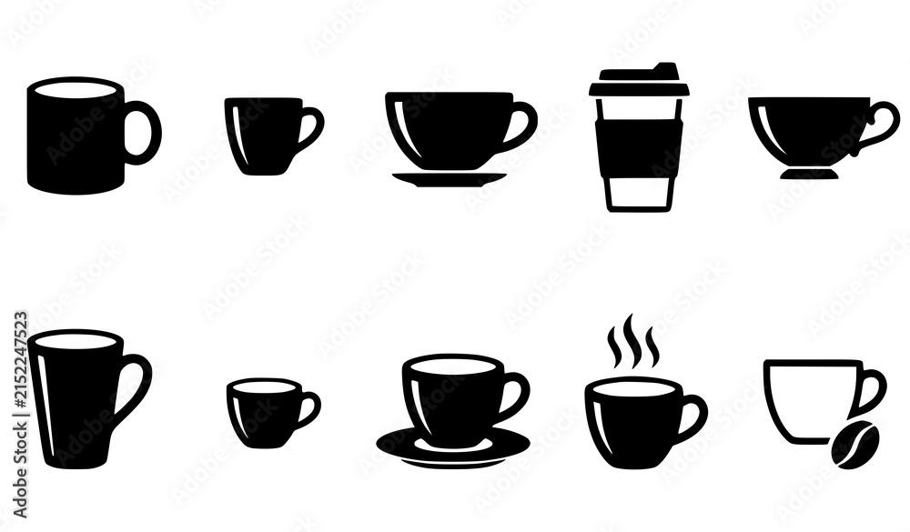Fototapeta premium Coffee Cup Silhouette Icon Set – Minimal Café Logo Vector Collection